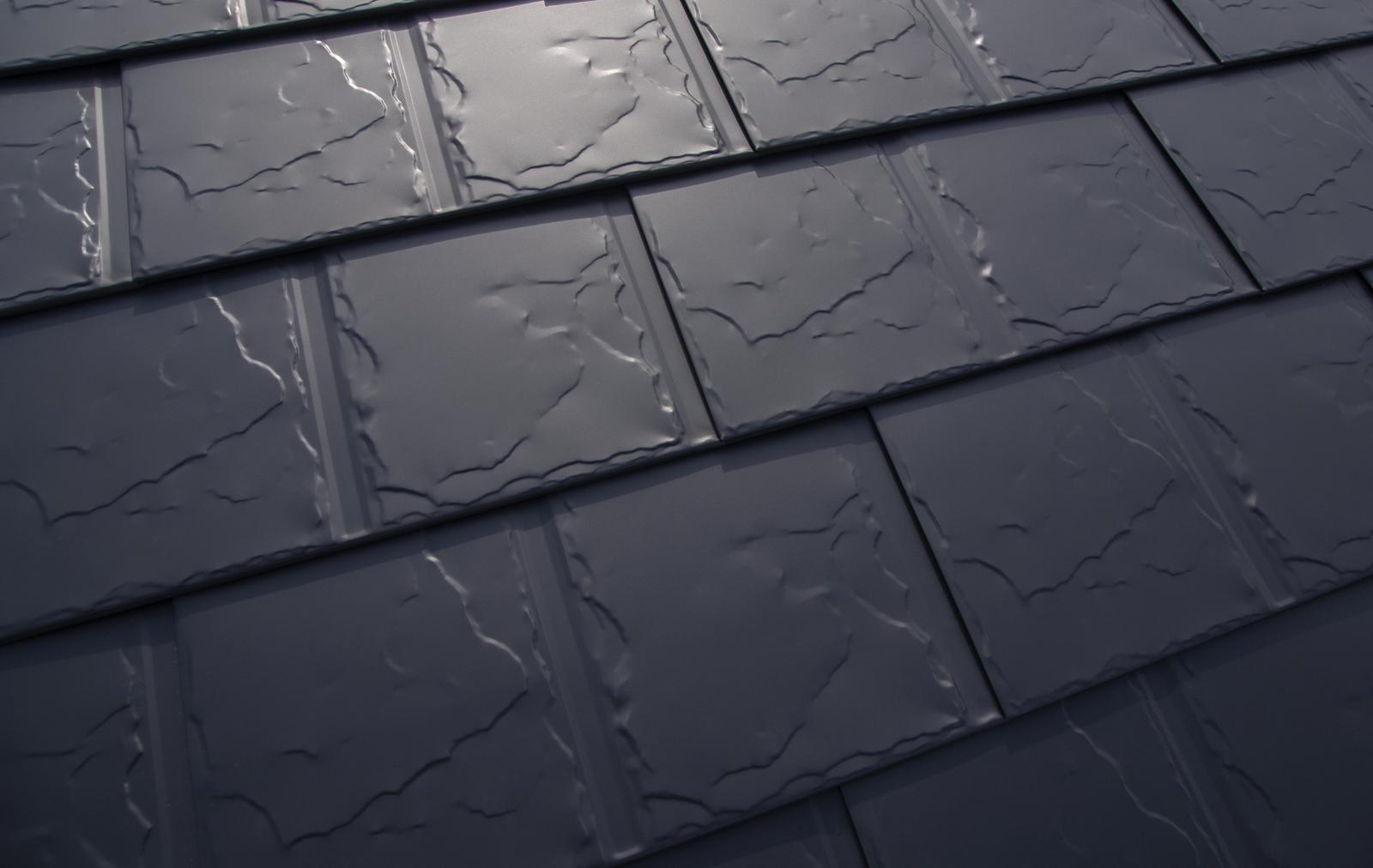 Close-up of Deep Charcoal Interlock aluminum slate roofing